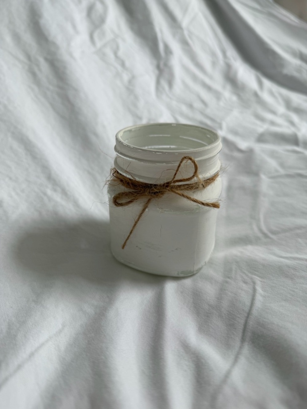White Painted Mason Jar with Twine Bow